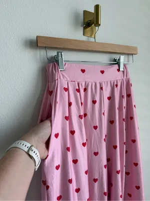 Pink Red Heart Print Matching Pajama Set Button Down Wide Leg Pants Size Medium thumbnail 11