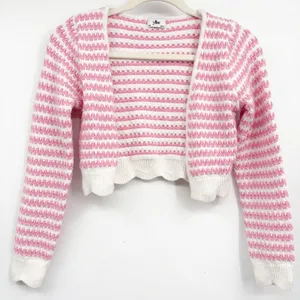 YLLW Womens Pink White Striped Textured Coquette Cropped Cardigan Sweater XS thumbnail 1
