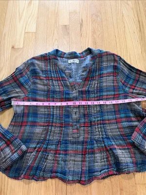 Natural Life Plaid Brushed Cotton Gauze Peplum Blouse Sz M thumbnail 4