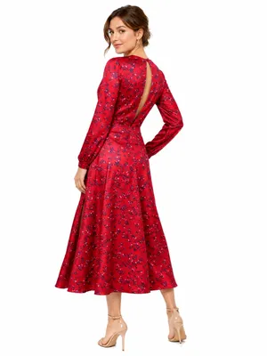 Topshop Red Floral Satin Midi Dress Open Back Long Sleeve V Neck Size 6 thumbnail 4