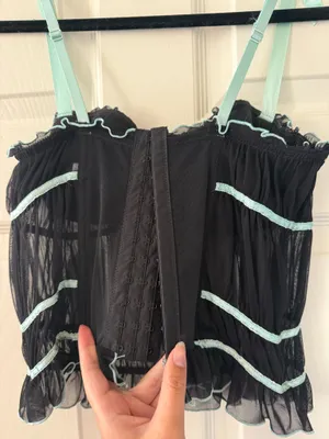 Y2K Bebe Blue and Black Bow Detail Ruffle Trim Corset Bustier Top thumbnail 6