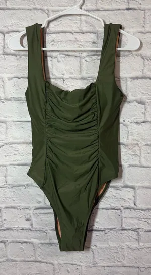 J. Crew NWT Olive Green Ruched Scoop One-Piece Swimsuit, size 10 thumbnail 1