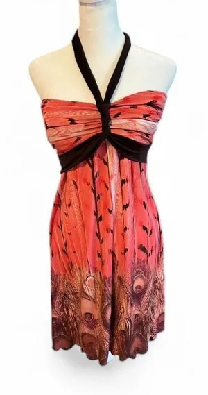 La Belle Vintage Y2K Pink Peacock Halter‎ Mini Dress Small Beach Festival Boho thumbnail 1