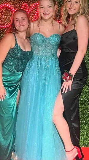 Flowy princess bustier blue green aqua prom dress thumbnail 1