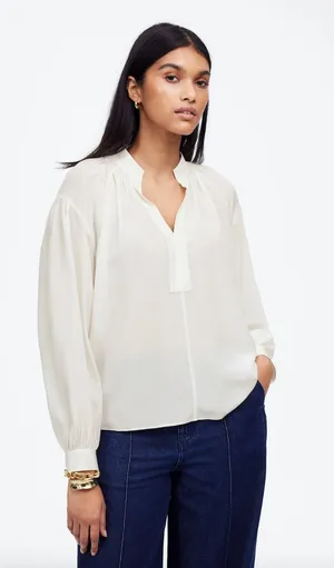 Madewell Shirred Long Sleeve Top Blouse Silk Lightweight Winter White Medium NWT thumbnail 1