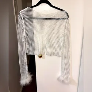 White Mesh T-shirt with Rhinestones Sheer White Mesh Top thumbnail 3