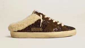 Golden Goose Super-Star Sabots in glitter with brown star and shearling lining thumbnail 1