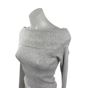 Princess Polly Women's Gray Ribbed Off the Shoulder Long Sleeve Sweater Top S/M thumbnail 3