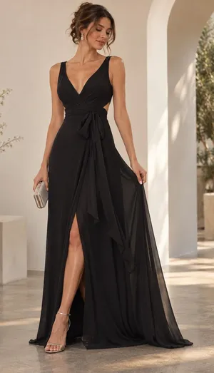 Morilee Madeline Gardner 21681 Black Cutout Tie Waist Slit Chiffon Maxi Dress thumbnail 1