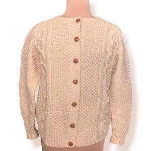 Vintage Aran Fisherman Cable Knit Cardigan Cream Wool Blend Cozy Sweater Classic thumbnail 3