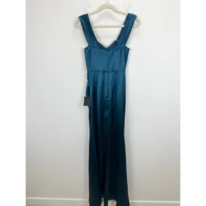 Lulus Stunning Arrival Dark Teal Satin Off The Shoulder Maxi Dress Formal S NWT thumbnail 9