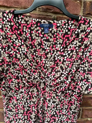 Chaps Black Dress with Pink and Cream Dot Print, V-Neck Midi thumbnail 3