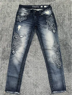 Miss Me Womens Ankle Skinny Medium Wash Embroidered Mid Rise Sz 25 thumbnail 1