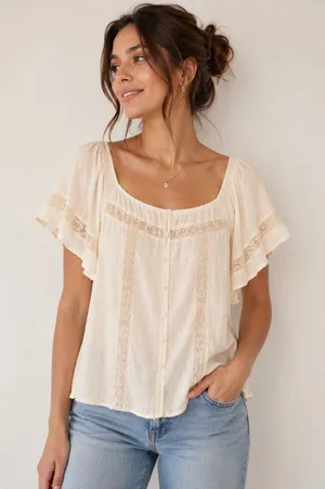 Old Navy Cream Swiss Dot Lace Flutter Sleeve Blouse Top Boho Cottagecore Size medium thumbnail 1