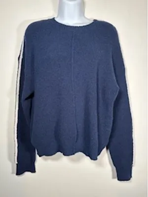 Navy Blue Sweater White Sleeve Stripe Ribbed Knit Crewneck Coastal‎ Nautical thumbnail 1