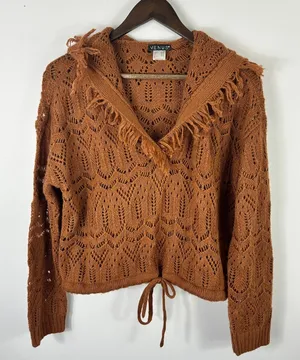Venus Crochet Knit Sweater‎ Womens Small Brown Hooded Fringe Cropped Boho Indie thumbnail 1