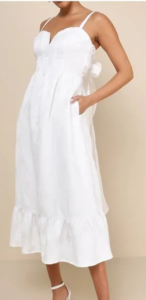 NWOT Lulus Major Perfection White Floral Jacquard Midi Dress with Pockets thumbnail 1