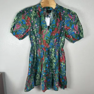 NEW Sugarlips Green Red Floral A-Line Dress Size Large Puff Sleeve V-Neck Cotton thumbnail 1