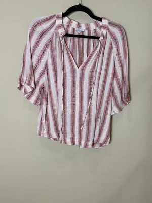 Rails Red Pink Linen Stripe Short Sleeve Blouse Top Size XS thumbnail 3