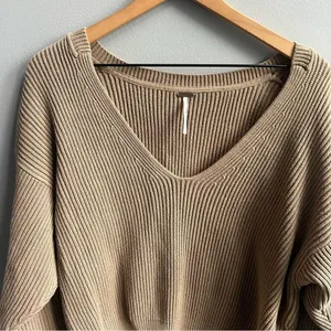 Free People Allure Tan V-Neck Oversized Sweater Ribbed Stretch Pullover Medium thumbnail 8
