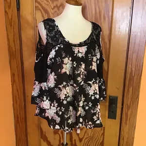 Charming Charlie Black Floral Cold Shoulder Blouse XL Lace Boho Flowy Top thumbnail 11