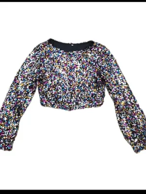 Women Sequin Cropped Top Blouse Size Small Multi Colored Party Christmas Holiday thumbnail 2