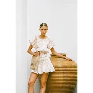 SABO LUXE Camari Linen Dress Smocked Patterned Ruffle Hem‎ White Beige Women's S thumbnail 2