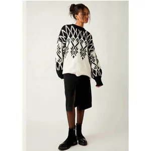 Free People Fireside Patterned Tunic Small Black White Oversized Sweater‎ Hearts thumbnail 2