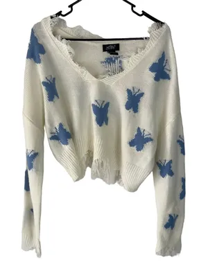 Just Polly Women White Blue Butterfly Distressed Cropped V-Neck‎ Sweater Large thumbnail 1