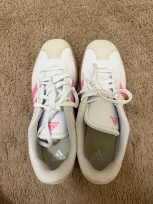 adidas White Sneakers with Pink Stripes and Gum Sole thumbnail 2