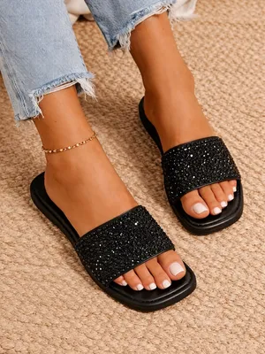 Black Rhinestone Slide Sandals • Glam Sparkle Flats • Size 40 (US 9–9.5) thumbnail 1