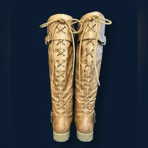 TOP Moda Brown Tan Corset style Lace up Below Knee Riding Boots Sz 9 thumbnail 3