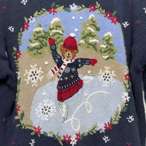 White Stag Women Christmas Holiday Ramie Cotton Sweater Blue Ice Skating Bear Crochet thumbnail 4
