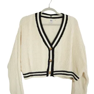 BDG Schoolgirl Ivory Black Varsity Stripe Cropped Cable Knit Cardigan Size Large thumbnail 2