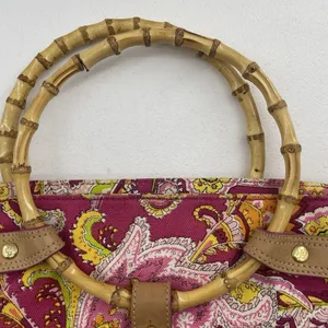 Ralph Lauren Vachetta‎ Leather Paisley Canvas Purse Handbag Round Bamboo Handle thumbnail 5