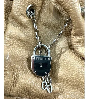 Furla Tan Pebbled Leather Chain Lock Drawstring Satchel Shoulder‎ Bag Y2K Boho thumbnail 2