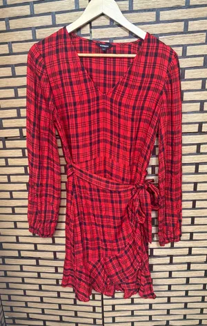 Express red and black plaid wrap style dress size small thumbnail 1