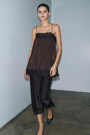 Zara satin Lace-Trim Slip Dress Top in Deep Brown thumbnail 5