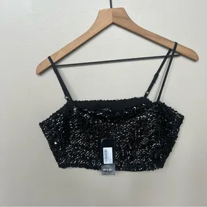 NWT Nasty Gal Black Sequin Square Neck Crop Top Eras Tour Spaghetti Strap Size 6 thumbnail 5