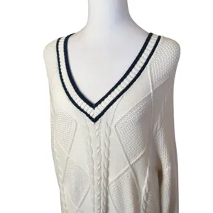 Hollister Preppy V-Neck Cream White Cable Knit Sweater‎ Medium Oversized Tennis thumbnail 3