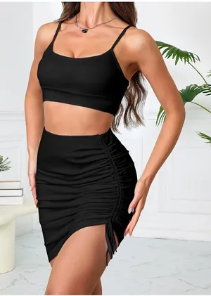 Black Ruched Crop Top & Skirt Set with Adjustable Straps Drawstring Sleeveless Size XXL thumbnail 1