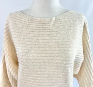 New Lush Lurex Ribbed Boat Neck Sweater Off The Shoulder Long Sleeve Cream Gold thumbnail 4
