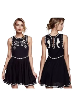 Free People "Birds of a Feather" Embroidered Mini Dress in black Size 0 thumbnail 2