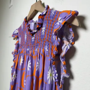 Bucket List Women Top Small‎ Purple Orange Retro Floral Smocked 70s Groovy Mod thumbnail 6