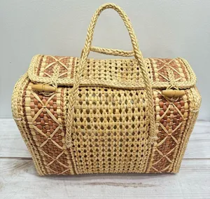 Medium Straw Bag with Wood Button Closure and Two Straps thumbnail 2