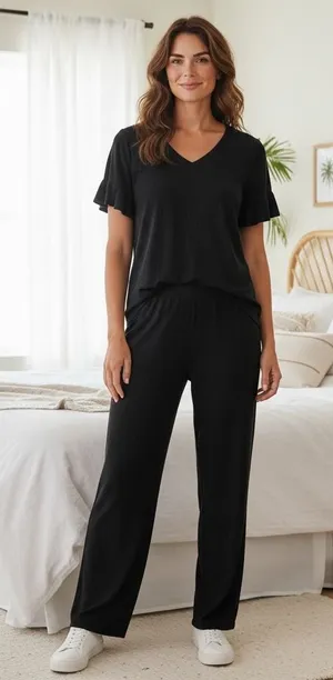 Comfort Code by Cuddl Duds Black Ruffle Sleeve Pajama Set XS Loungewear‎ thumbnail 1