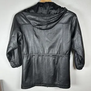 Wilsons‎ Leather Black Long Full-Zip Hooded Jacket Womens Size Large Cinch Waist thumbnail 6