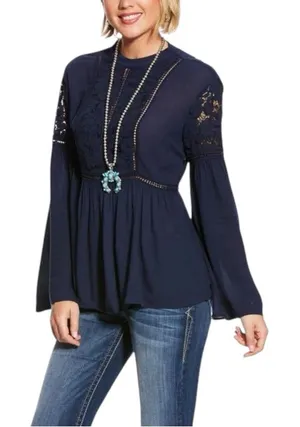 NWT Ariat Nita Top Sz XL Navy Blue Peplum Long Sleeve Open Back Bell Sleeve Boho thumbnail 1