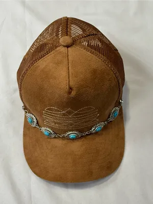 Brown Suede-Look Women’s Baseball Cap with Turquoise Concho Chain thumbnail 4