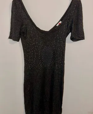 Free People Dark Gray V-Neck Knit Studs Short Sleeve Boho‎ Shift Dress - small thumbnail 1